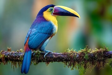 Obraz premium Plate-billed mountain toucan perching on mossy branch