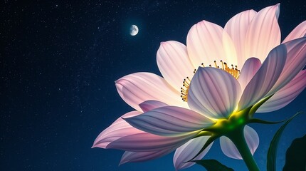 Lotus flower blooming against starry night sky with crescent moon -  