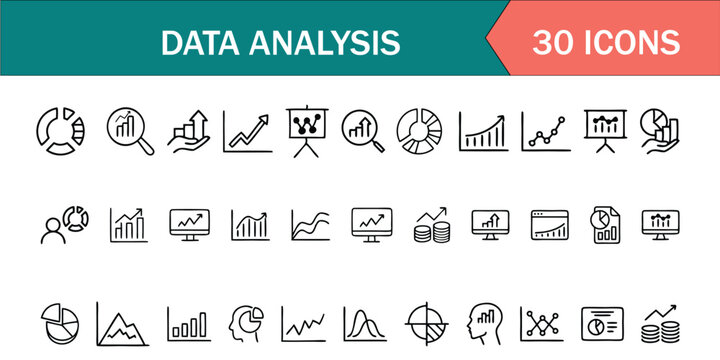 Data Analytics Vector Icon Set | Adjustable Line Weight | Chart, graph, analysis, report, growth, trend, statistics, pie chart, bar graph, line graph, scatter plot, dashboard, infographic icons 