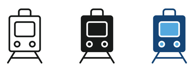 Train Front View Silhouette and Outline Icon Set for Rail Transport