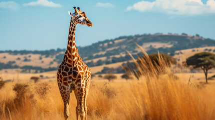 Fototapeta premium Solitary Giraffe Wandering Through the Lush Grasslands of Masai Mara Reserve, AI Generated Image