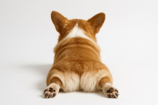 Adorable Corgi relaxing showing its fluffy behind on white background