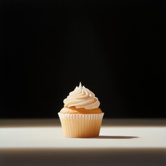 Delicious vanilla cupcake with creamy frosting on a sleek, dark background.