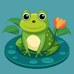 Cute Cartoon Frog Sitting on Lily Pad