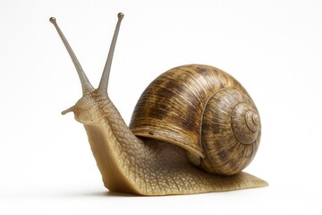 Curious snail crawling on white background with long antennae
