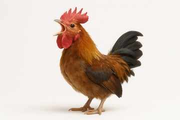 Fototapeta premium Brown Rooster Crowing on White Background