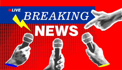 breaking news concept design with reporter hands holding microphones isolated vintage halftone dotted effect retro collage cut-out element for current event urgent update live announcement.