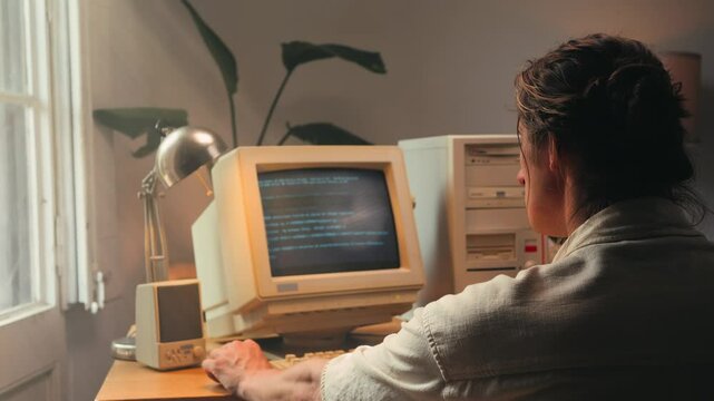 Man working and gaming on retro computer PC, IT engineer with vintage computer at home, using old fashion technology, close up of retro setup. 