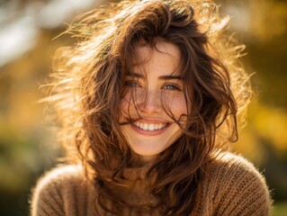 Happy Woman with Curly Brown Hair in Sunlight