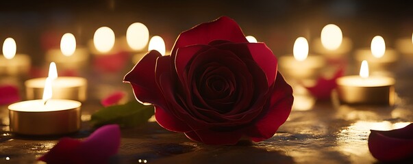 A deep red rose surrounded by soft candlelight glowing warmly in a darkened room