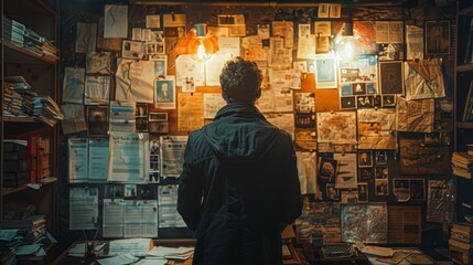 A man stands before a wall covered in papers and notes, suggesting a deep investigation or research, surrounded by a rather enigmatic atmosphere filled with intrigue.
