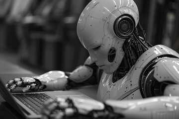 A humanoid robot intensely types on a laptop, embodying technology's role in contemporary workspaces and hinting at the fusion of human-like intelligence and machines.