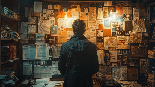A man stands before a wall covered in papers and notes, suggesting a deep investigation or research, surrounded by a rather enigmatic atmosphere filled with intrigue.