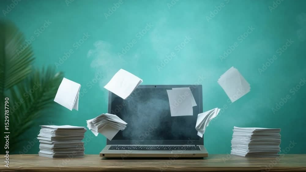 Poster Data and Technology: A conceptual photo, capturing the digital information age with floating paper documents above a laptop and stacks of documents on a wooden desk.