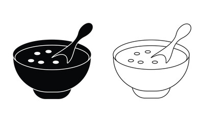 Soup bowl icon vector set with spoon. Silhouette of soup bowl vector symbol, steam food, soup plate, hot food design. Vector illustration.