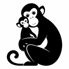 A silhouette image of a monkey and its baby cuddling.