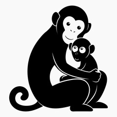 A silhouette image of a monkey and its baby cuddling.