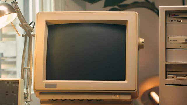 Retro pc computer gaming, Desktop vintage with loading code console, programmer making scripts, green basic screen, Old computer studio close-up, retro wave display, late 90s PC.