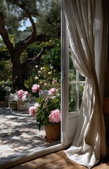 Open french doors revealing blooming peonies in a tranquil garden setting