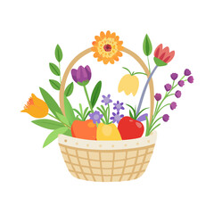 Spring flowers and vegetables in a basket, isolated illustration, transparent background