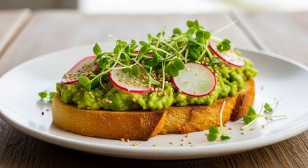 Delicious Avocado Toast with Radishes and Microgreens, Sesame Seeds