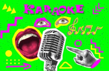Retro Halftone Collage Karaoke with sketch of microphone in halftone paper hand, eye, singing lips, retro mike and hand. Vintage vector.	