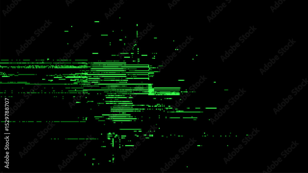 Aufkleber Green pixelated glitch abstract on black background. Data distortion and digital noise. Tech error concept for cyber security and network. Vector graphics.