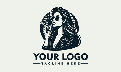 Cool black and white illustration of a fashionable woman wearing sunglasses and leather jacket while smoking a cigarette. Urban lifestyle concept