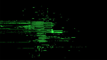 Green pixelated glitch abstract on black background. Data distortion and digital noise. Tech error concept for cyber security and network. Vector graphics.