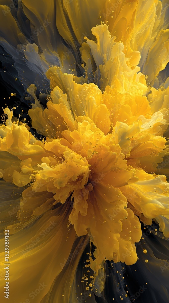 Poster Abstract yellow and gray explosion with fluid art effect, creating dynamic burst of color and texture for modern background or design element
