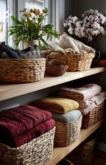 Fototapeta premium Towels and blankets neatly organizing on shelves with woven baskets and flowers