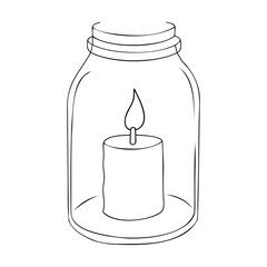 Hand-drawn outline illustration of a lit candle inside a glass jar for design projects