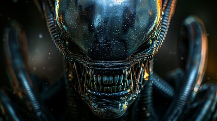 A detailed depiction of a futuristic alien creature with intricate features, exuding an eerie and captivating presence that engages the viewer with its unique aesthetics and design.