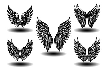Black feather angel wings vector collection with vintage distressed texture. Perfect for tattoo art, gothic designs, fantasy branding, spiritual logos, and memorial artwork. High-resolution vectors.

