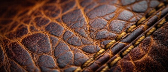 Close-Up View of Brown Leather Texture with Stitching