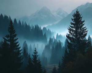 Misty Blue Mountain Forest Landscape