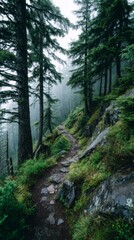 Misty Mountain Trail Through Lush Green Forest