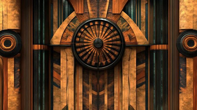 Detailed close-up on steampunk metal wall design with intricate patterns and aged texture