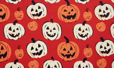Red background with repeating pattern of various sized jack-o'-lanterns in orange and off-white