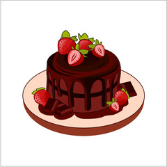 elicious chocolate cake topped with fresh strawberries and chunks of chocolate.