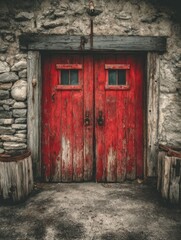 Aged Red Wooden Double Doors in Stone Wall