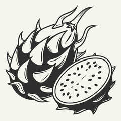 Dragon fruit whole and sliced vintage style illustration
