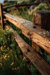 Close-Up of Rustic Wooden Fence with Morning Dew