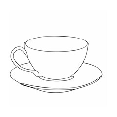 Clean line art illustration of a teacup and saucer in minimalist black and white design