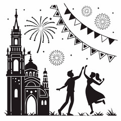 Festive couple celebrates near church fireworks bunting