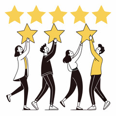 Team lifting five gold stars achieving success together