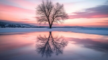 Winter sunrise, tree reflection