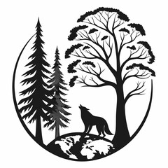 Wolf howling at moon silhouetted trees forest earth