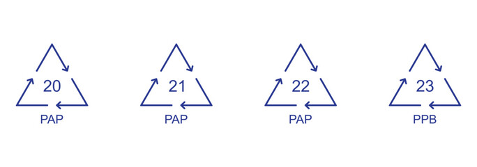 Paper recycling symbol PAP and PPB 20, 21, 22, 23. Set of Paper symbol, ecology recycling sign isolated on white background. Set of line paper recycle icons. Vector illustration.