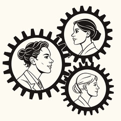 Teamwork collaboration businesswomen gears interlocking profiles